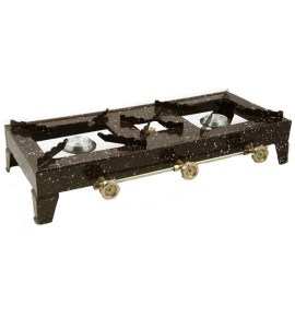 Κουζινάκι προπανίου εμαγιέ με δύο εστίες μεγάλες υψηλής αντοχής και μία μικρή ορειχάλκινη και ορειχάλκινα εξαρτήματα.