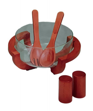 Σαλατιέρα Γυάλινη Με Σετ Σερβιρίσματος Σε Ξύλινη Βάση Νο-TM019