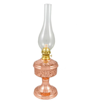 Λάμπα πετρελαίου χάλκινη 14Χ26 cm.N2. σκαλιστή επιτραπέζια.  Νο 3074