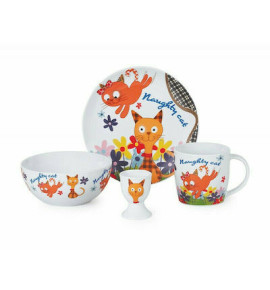 Σετ Μπε-Μπε Φαγητού από Πορσελάνη Πολύχρωμο Σχέδιο Γάτα 4τμχ GC-09642