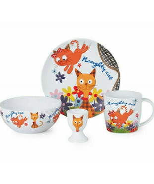 Σετ Μπε-Μπε Φαγητού από Πορσελάνη Πολύχρωμο Σχέδιο Γάτα 4τμχ GC-09642