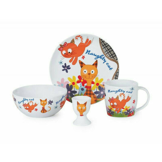 Σετ Μπε-Μπε Φαγητού από Πορσελάνη Πολύχρωμο Σχέδιο Γάτα 4τμχ GC-09642